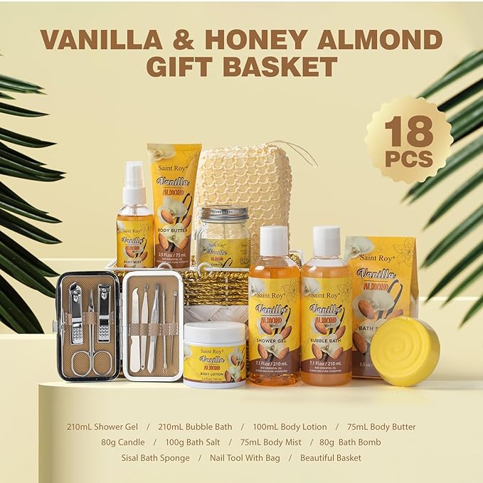 Large basket 25 pcs for Women & Men Gifts, Vanilla Honey & Almond Bath & Body Gift Basket, Face Skin Care Kit, Home Spa Gift Set, Self-Care Kit, Necklace, Birthday, Christmas, Mother Day, Anniversary