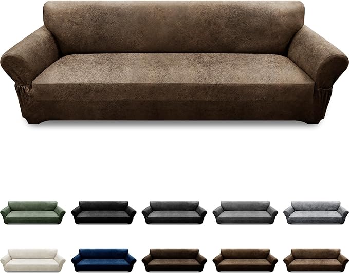 Oversized Sofa Slipcover Leather Look Couch Cover for 4 Seater Sofa 1-Piece Sofa Cover Stretch Furniture Protector with Elastic Bottom & Pockets(XL Sofa, Light Brown)