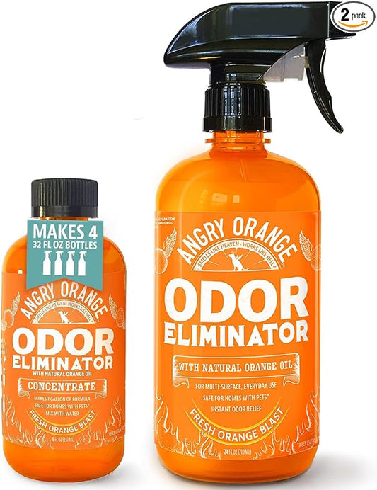ANGRY ORANGE Pet Urine Odor Eliminator - Pack of 2 Citrus Deodorizers for Strong Dog or Cat Urine Smells on Carpet, Furniture & Floors - 24 oz Spray & 8 oz Concentrate - Puppy Supplies