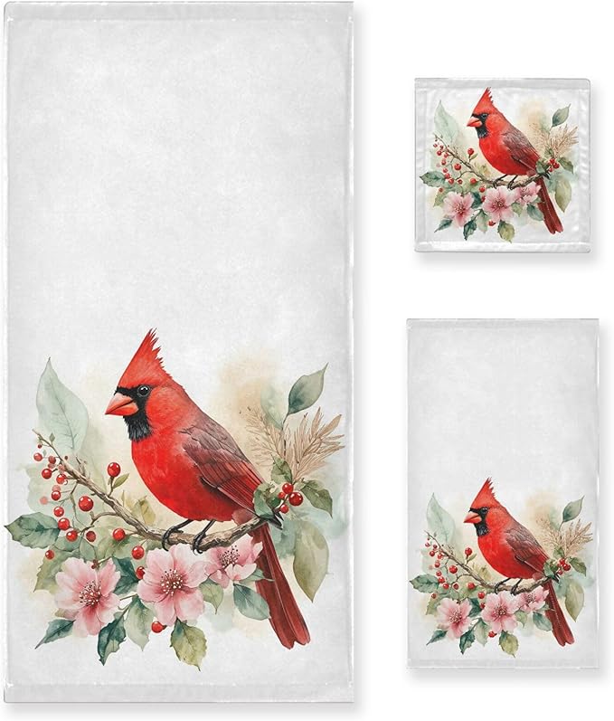 Pfrewn Christmas Winter Towels Set of 3 Red Cardinal Bird on Beautiful Flowers Bathroom Towel Soft Absorbent Bath Hand Towels Washcloth Guest Towel Sets Xmas Holiday Decor