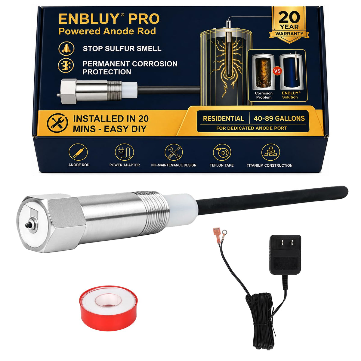 Titanium Powered Anode Rod for Water Heater, Eliminates Sulfur & - Image 1