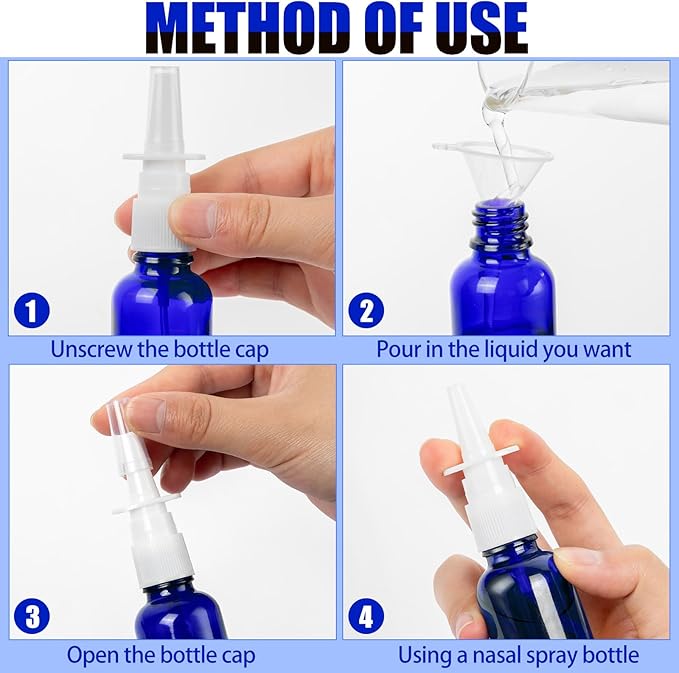 40 Pcs Nasal Spray Bottles, 30ML/1oz Blue Glass Refillable Fine Mist Empty Nasal Spray Bottle with 8 Funnels and 8 Labels