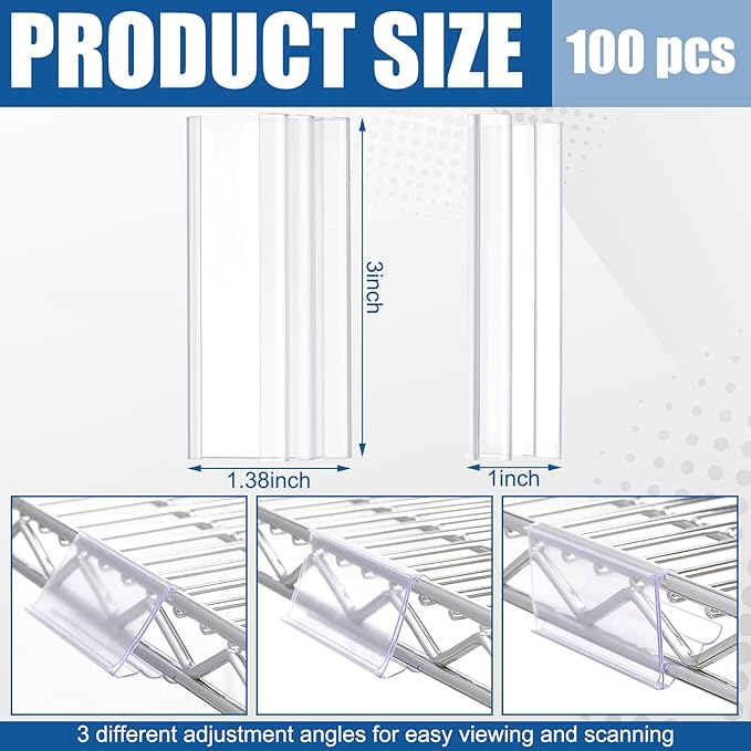 Kathfly 100 Pack Wire Shelf Label Holders Shelf Cable Tags for Wire Shelving 3 Viewing Angles 3" Adjustable Clear Plastic Rack Label Holder Retail Clips Compatible with 1-1/4in Metro Shelving