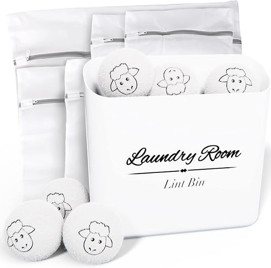 ALBEN Bundle: Magnetic Lint Bin for Laundry Room, Wool Dryer Balls, and Mesh Garment Bags - The Ultimate Lint Container for Laundry Room and More (Farmhouse White)