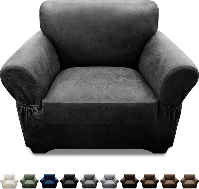 Single Sofa Cover Leather Look Chair Covers for Living Room 1-Piece Sofa Chair Covers with Arms Stretch Furniture Protector with Elastic Bottom & Pockets(Armchair, Dark Grey)