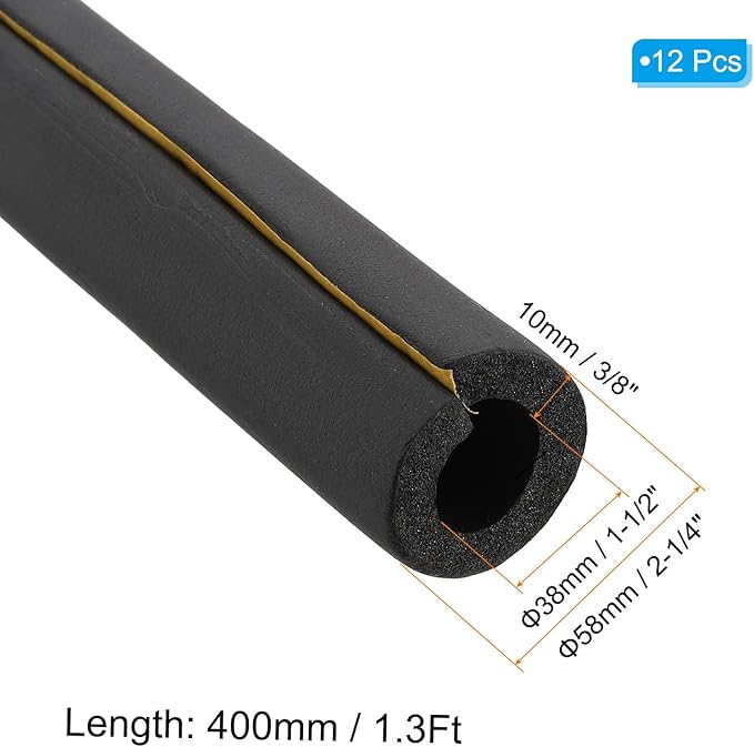 PATIKIL 1-1/2"(38mm) ID 2-1/4"(58mm) OD Pipe Insulation Foam Tube, 12Pcs 1.3Ft Self Adhesive Pre Slit Pipe Insulation Tube Cover Wrapping for Outdoor Winter Irrigation