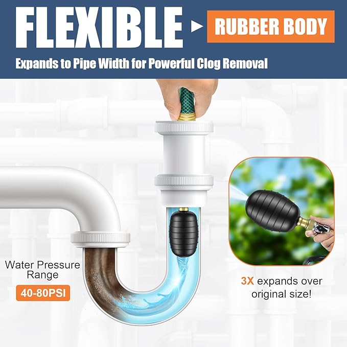 Large Drain Cleaning Bladder Fits 4" to 6" Pipes, Rubber Drain Bladder Unclogger for Bathroom Sinks, Showers, Swimming Pool Drains, Kitchen Sinks and Main Drains