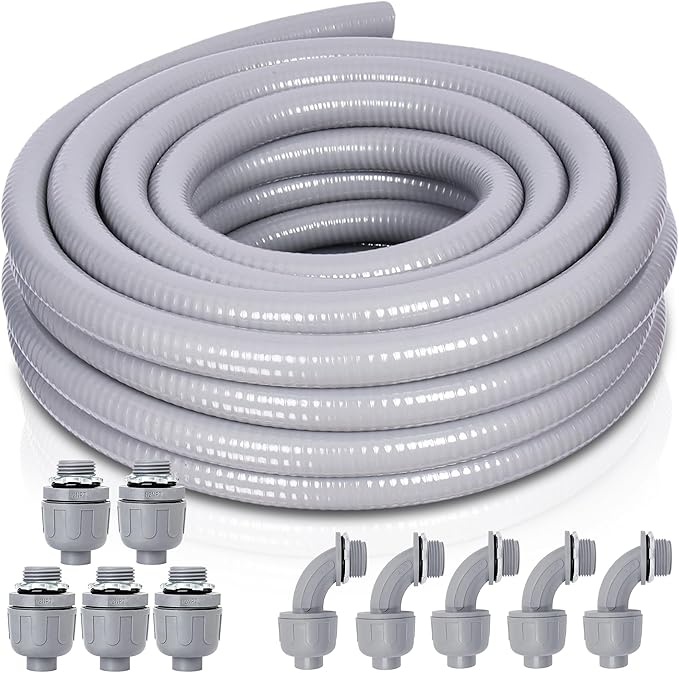 Liquid-Tight Conduit and Connector Kit - 1/2 Inch 25 FT Non Metallic Liquid Tight Electrical Conduit with 5 Straight and 5 Angle Fittings