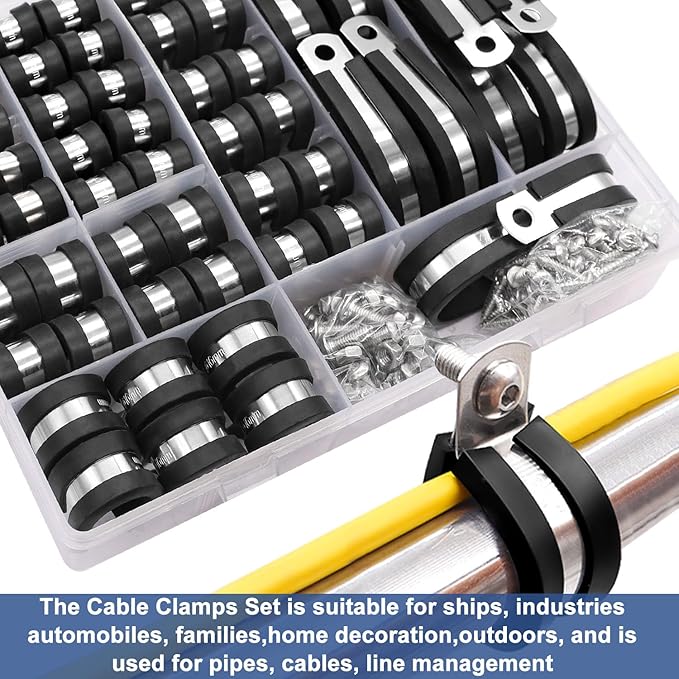 Taiss 136PCS Cable Clamps Assortment Kit 304 Stainless Steel Rubber Cushion Pipe Clamps 10 Sizes 1/4" 5/16" 3/8" 1/2" 5/8" 3/4" 1" 1-1/4" 1-1/2" 1-3/4" Metal Wire Clamps (with Two Kinds of Screws)