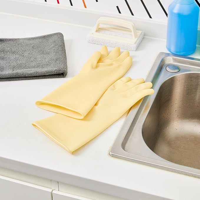 Restaurantware-Clean Tek Professional 22 Mil Medium Cleaning Gloves, 10 Pairs Of Long Cuff Gloves - No-Slip Grip, No-Powder, Yellow Latex Gloves For Kitchen Cleaning, Ideal For Washing Dishes