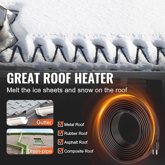 VEVOR Self-Regulating Pipe Heating Cable, 80FT 5W/FT Heat Tape for Pipes, Roof Snow Melting De-icing, Gutter and Pipe Freeze Protection