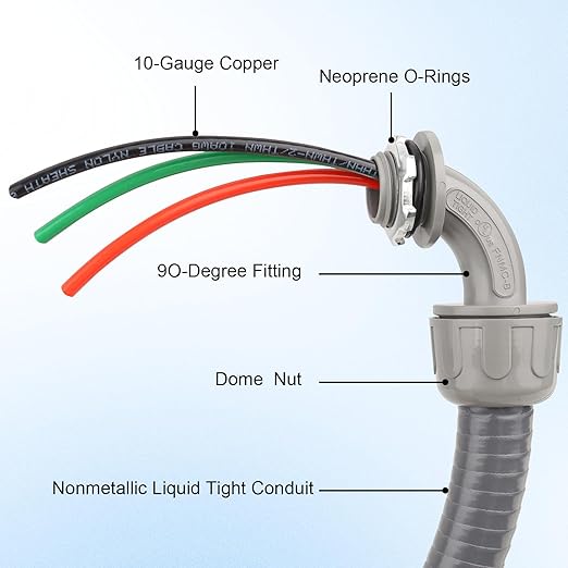 1/2Inch Outdoor Electrical Whips Kit, 4 FT Nonmetallic Liquid Tight Flexible Conduit Wire with 3 Conductors 10 Gauge THHN Electrical Wires, A/C Disconnect Box Power Whips Assembly (4FTx1/2Inch)