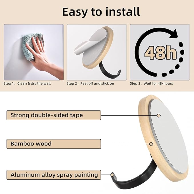 Kayqi 15 lbs (Max) Self-Adhesive Aluminum Alloy Hooks for Bath, Kitchen, Bar, Office, Simple and Versatile, (Pack of 6)