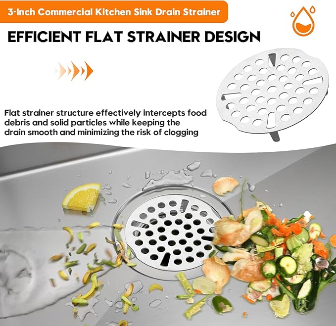 3-Inch Commercial Kitchen Sink Drain Strainer, Stainless Steel Flat Strainer, Replaces Twisted Waste Water Drain on 3-Compartment Sinks (3-Pack)