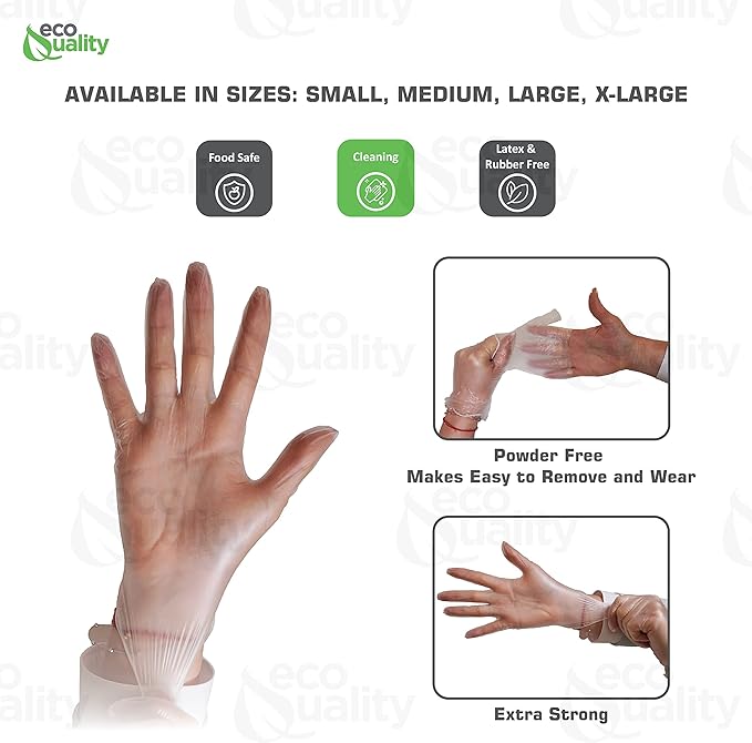EcoQuality Disposable Vinyl Exam Gloves, Disposable Latex Free Medical Gloves, Non-Sterile, Food Safe, Powder Free, Cleaning, Cooking (200, X-Large)