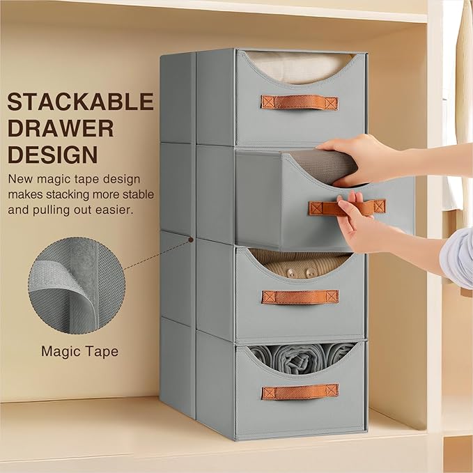 Stackable Storage Drawers - Collapsible Storage Bins with Drawers, 8 Pack Closet Shelf Organizer Basket, Fabric Pull Out Organizer for Bedroom, Living Room, Dorm, Grey