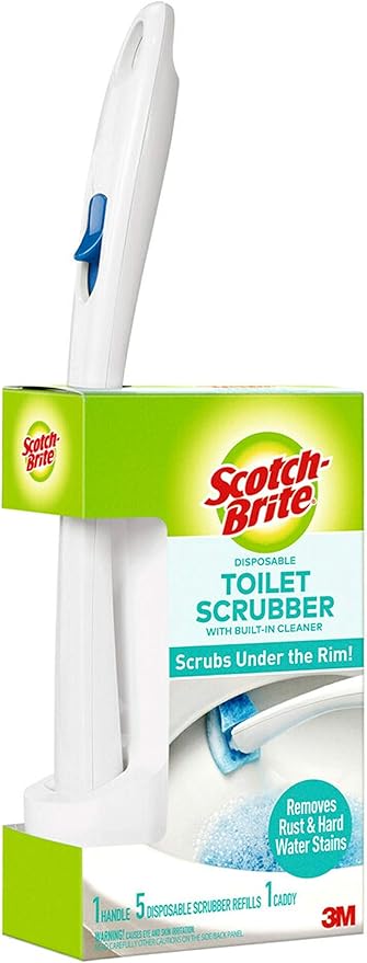 Scotch-Brite Disposable Toilet Scrubber Starter Kit, Disposable Refills with Built-in Bleach Alternative, Includes 1 Handle, Storage Caddy and 5 Refills
