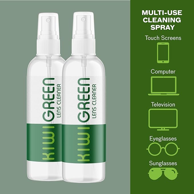 Kiwi Green Eyeglass Lens Cleaner Spray Kit | 2X Lens Cleaner + 2X Microfiber Cloth | Alcohol Free Eyeglasses, Screen Cleaning Kit | USA Made (4 Piece Set)