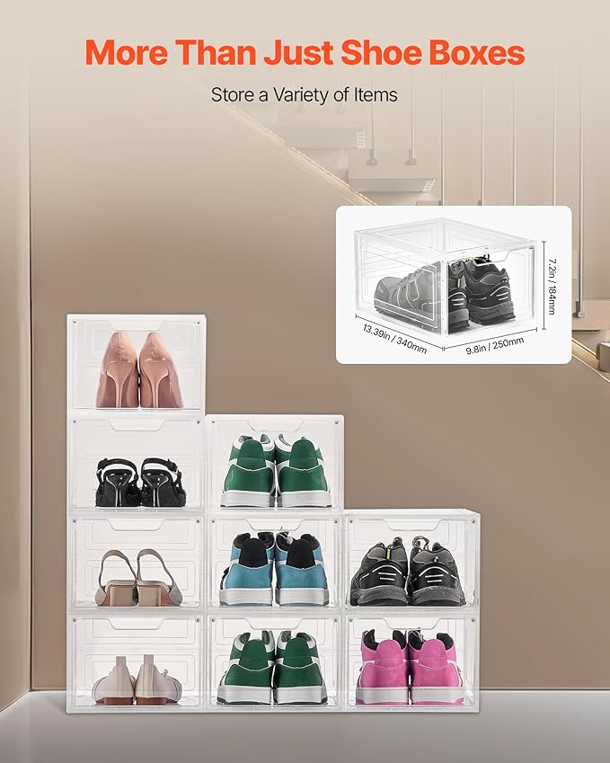 VEVOR Shoe Storage Boxes, 9 Pack Clear Stackable Shoe Boxes Storage Organizers with Magnetic Door, Fit up to US Size 13, Plastic Sneaker Containers for High Heels, Boots, and Hats, Transparent White