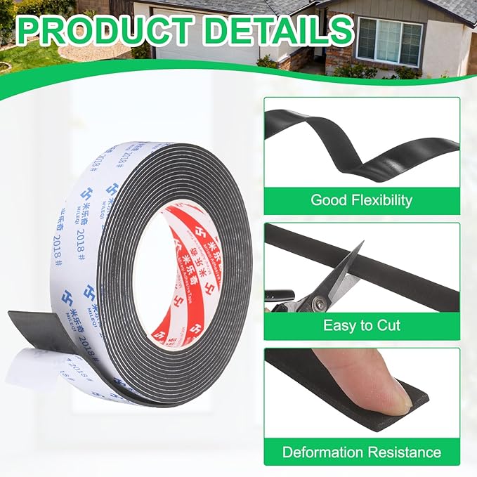 PATIKIL Sponge Rubber Foam Tape, 1 3/16" W x 5/64" t x 16.4ft l Self-Adhesive Foam Insulation Tape Weather Stripping for Window Door Soundproofing Weatherstrip AC Seal Strip, Black