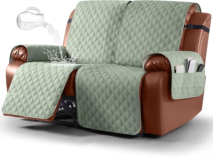 Ruaozz Waterproof Recliner Sofa Covers, 1-Piece Couch Covers for Reclining Couches Reclining Couch Cover Washable Furniture Protector with Elastic Straps Pocket for Kids Pets (Sage Green, 2 Seater)