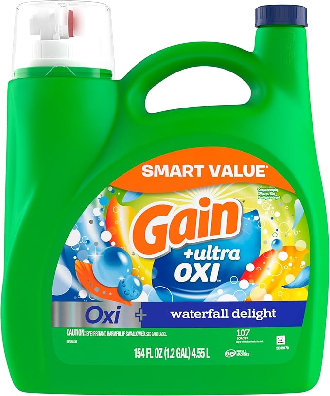Gain Ultra Oxi Liquid Laundry Detergent, 107 loads, 154 fl oz, Waterfall Delight Scent, 2-in-1, HE Compatible