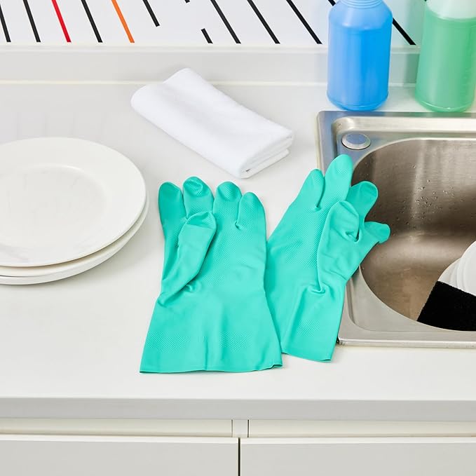 Restaurantware Green Cleaning Gloves 10 Pairs 15 Mil Thick Extra Large Heavy-Duty Nitrile Gloves With Long Cuff No-Latex Flock Lining For Use In Hospitals, Commercial Kitchens and Households