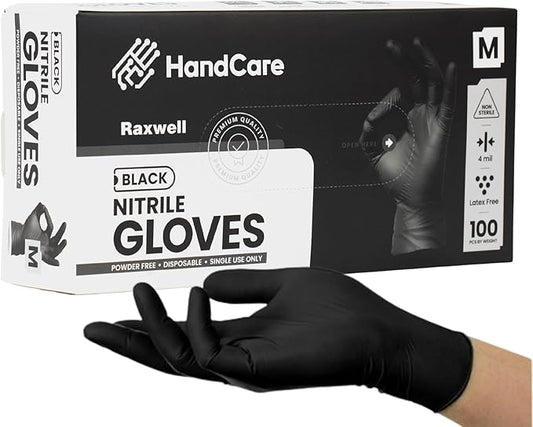 HandCare 4 Mil Black Nitrile Disposable Gloves, Powder-Free & Latex-Free for Tattoo, Food Prep & Cleaning