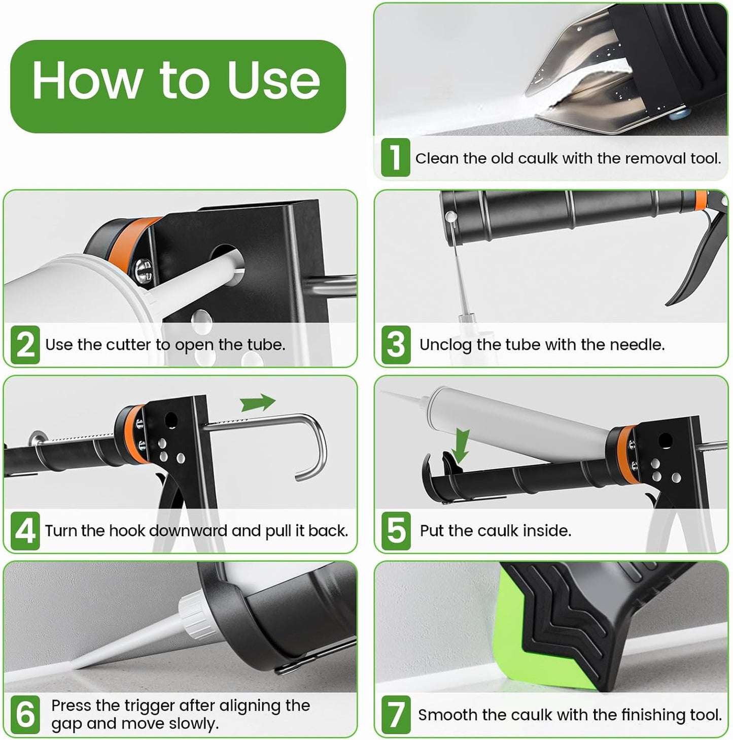 5-in-1 Caulking Tool Kit – Caulk Gun, Remover, Scraper & Finishing Set for Bathroom, Kitchen & Windows