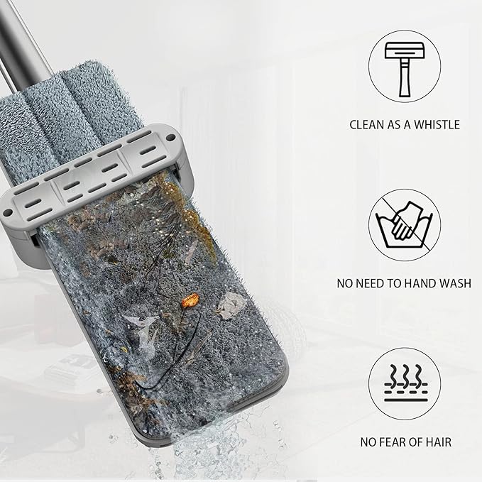 Mop and Bucket Set with Wringer, Flat Mops for Floor Cleaning, Wall Mop Cleaner with Long Handle, Hardwood Floor Mop with 6 Microfiber Pads (1 Mop + 6 Microfiber Pads + 1 Bucket)