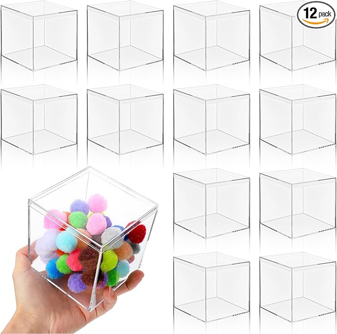 12 Pcs Clear Acrylic Box with Lid, 4 x 4 Inch Square Decorative Storage Container for Candy, Little Trinkets, and Jewelry Display