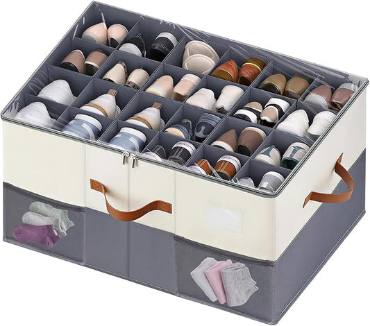1 Pack Shoe Organizer for Closet Fit 12-24 Pairs with Adjustable Dividers, Large Foldable Shoe Storage Containers Box Bin w with Clear Lid and 4 Handles,with 2 mesh pockets,with Category Lable