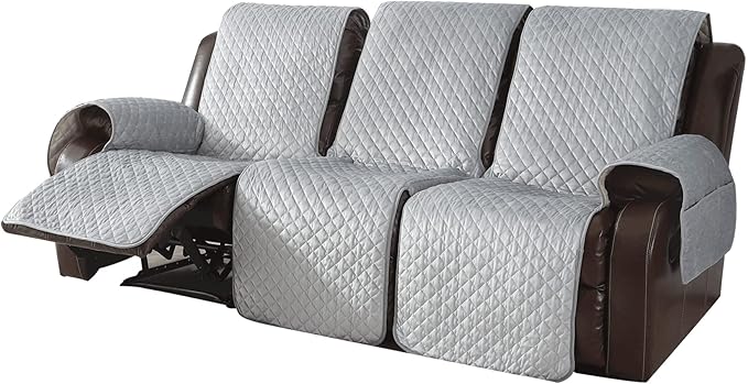 LUFEIJIASHI Non Slip Recliner Sofa Covers,Velvet Waterproof Recliner Couch Covers for 3 seat,Washable Reclining Couch Cover Furniture Protector for Dogs,Pets (Grey, 3 Seater)