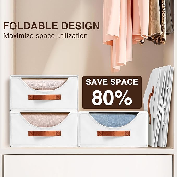 Stackable Storage Drawers - Large Collapsible Storage Bins with Drawers, 8 Pack Closet Shelf Organizer Basket, Fabric Pull Out Organizer for Bedroom, Living Room, Dorm, White