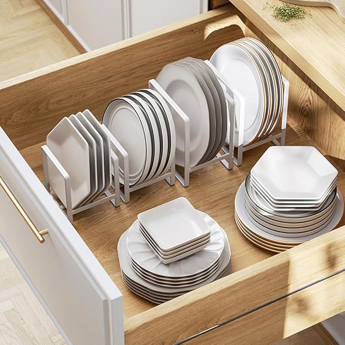 2PCS Plate Holders Organizer, Metal Dish Storage Dying Display Rack for Cabinet, Counter and Cupboard - White， Small and Large
