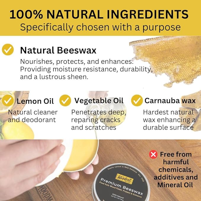Beeswax Woodcut Premium 14oz total, Wood Cream Food Safe for Cutting Boards, Woodturning, Furniture, Benchtops and Baby Toys. Leather 2x Aluminium Containers with two Sponges