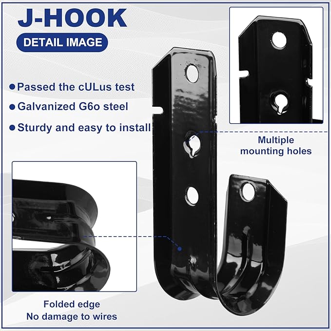 Zonon Black Cable Support J Hooks for Hanging Heavy Duty Metal J Hook for Cable and Wire Management Galvanized Steel(1-5/16 Inch)