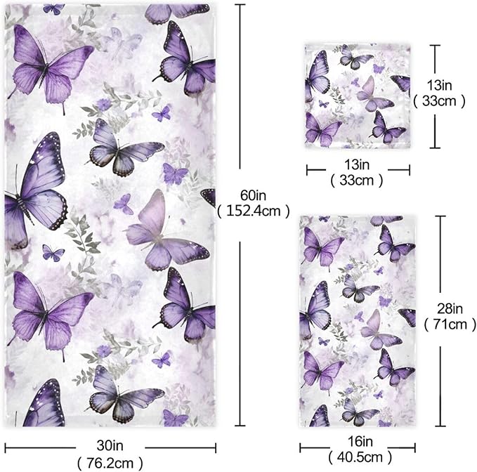 Purple Butterfly Bath Towels Set,Ultra Soft 3 Piece Vintage Watercolor Floral Butterflies Towels for Bathroom,1 Bath Towel 1 Hand Towel 1 Washcloth,Absorbent Decoractive Guest Bathroom Towels