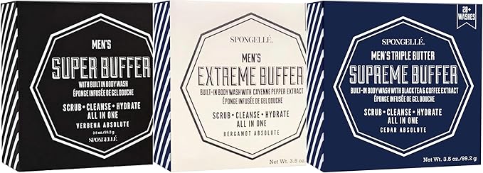 SPONGELLÉ Men’s Supreme, Super and Extreme Buffer Set | Dual-Sided Scrubber & Body Wash Infused | Deep Cleansing & Exfoliating | 20+ Washes