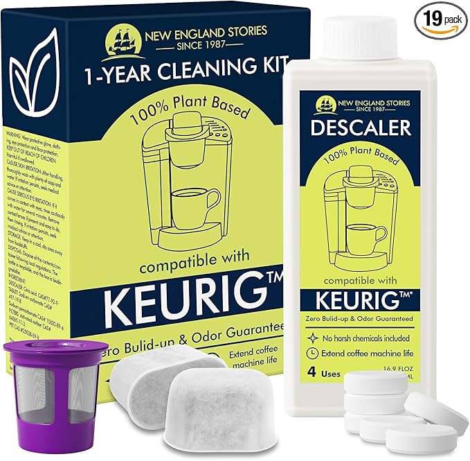 New England Stories Keurig Compatible Descaling Set, 1 Year Cleaning & Maintaining Set, Includes 1 Bottle of Descaler (4 Uses), 12 Cleaning Tablets, 1 Reusable Pod and 6 Water Filters