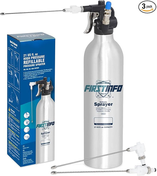 FIRSTINFO Patented 620c.c. (21 US fl. oz) Aluminum Aerosol Refillable Fluid Oil Pressure Storage Sprayer Can + 3pcs 2-Way Nozzles for Jet Straight Stream & Mist Spraying Kit