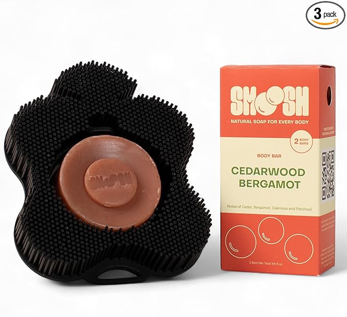 Smoosh® Body Scrubber, Black & 2-Count Bar Soap, Cedarwood Bergamot - Silicone Body Scrubber with Embedded Bar Soap for Shower Exfoliation and Cleansing