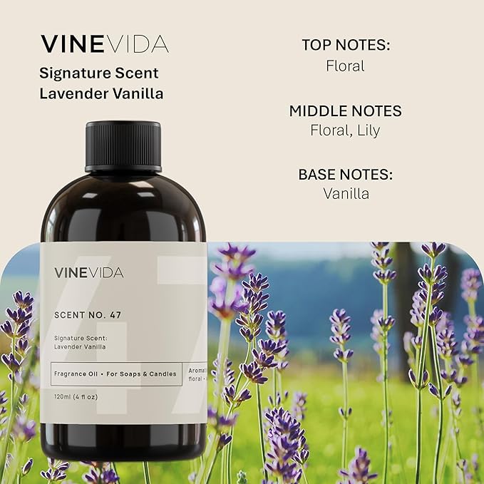 VINEVIDA [4oz] Lavender Vanilla Fragrance Oil for Candle Making Scents Soap Making Perfume Oils, Soy Candles, Home Diffusers, Bath Scent Bomb Linen Spray Lotions, Car Freshies ARTS-FOBP-LAV-VAN-120ML