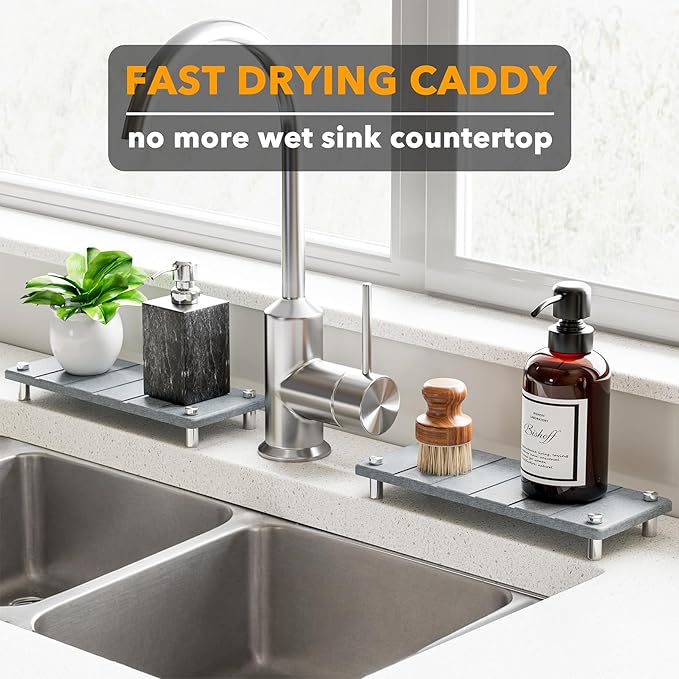 SpaceAid 2 Pack Drying Sink Caddy, Instant Dry Water Absorbing Stone Tray for Sink Organizers, Kitchen Counter Soap Dish Holder Absorbent Coaster, Bathroom Countertop Drying Rack (Gray)