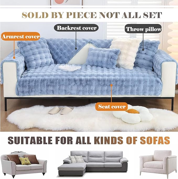 Soft Warm Faux Fur Couch Sofa Cover Thick Shaggy Fuzzy Sectional Couch Cover Non-Slip Solid Color Plush Sofa Slipcover Furniture Protector for Kids, Pets (Light Blue,43"x43")