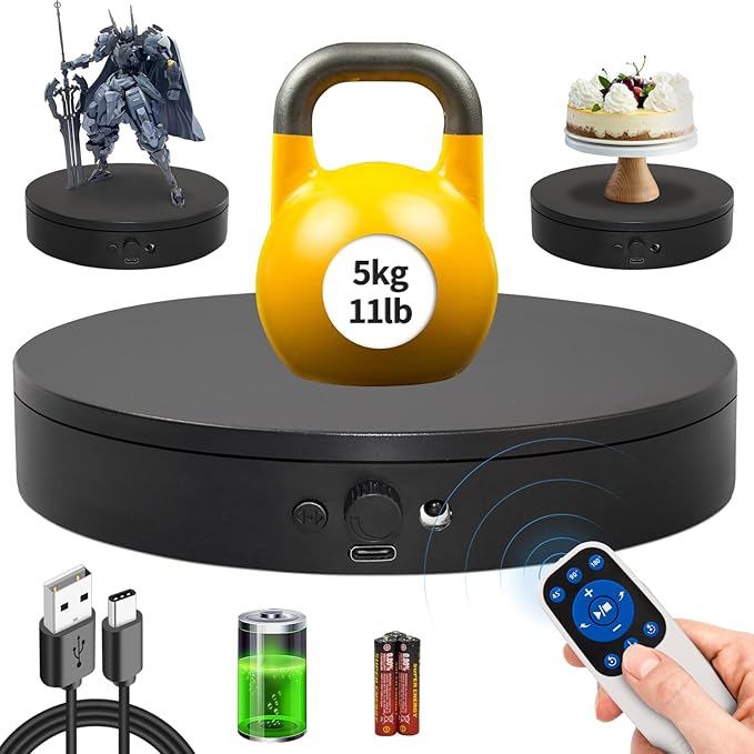 Motorized Rotating Display Stand with Remote, 7.87in 360 Electric Turntable for Display,Photography,3D Scanner Models, Motorized Lazy Susan and Photography Turntable Control Angle/Speed,Step/Swing/Continuous Rotation