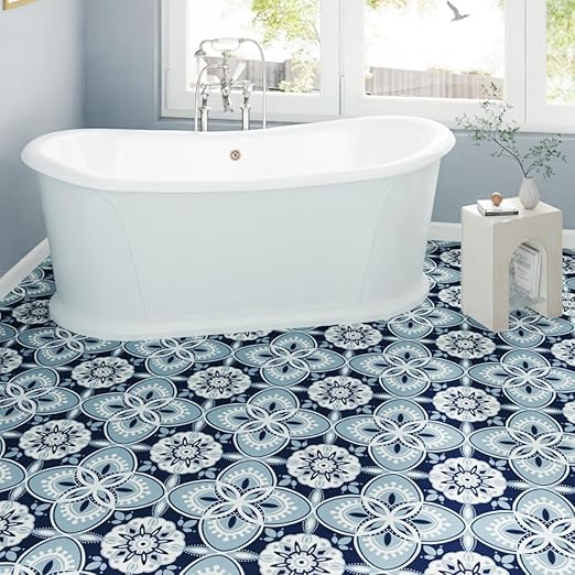 Peel and Stick Floor Tile 20-Pcs Cover 20 Sq.Ft, Vinyl Flooring Tiles 12” x 12” Matte Self Adhesive Flooring Stickers Waterproof Removable for Renter, Bathroom Living Room, Blue