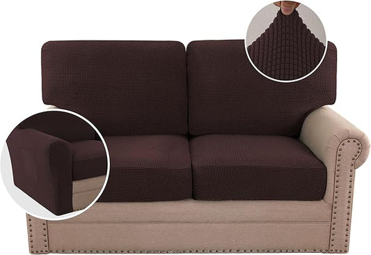 H.VERSAILTEX Multi-Pieces Sofa Covers Stretch Couch Covers Form Fitted Seats and Back Cushions Covers (2 Seat Covers Plus 2 Back Cusion Covers, Bonus 2 Armrest Covers), Chocolate