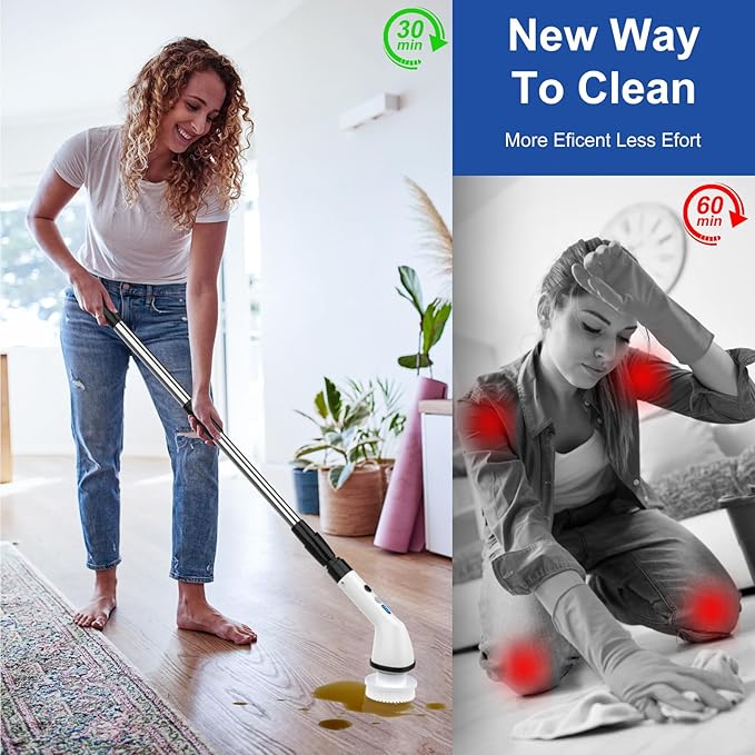 Electric Spin Scrubbers, Cordless Cleaning Brush, Versatile Floor Tile Scrubber Dual Speed with 6 Replaceable Heads and Adjustable Extension Handle for Efficient Bathroom Tub and Floor Cleaning-White