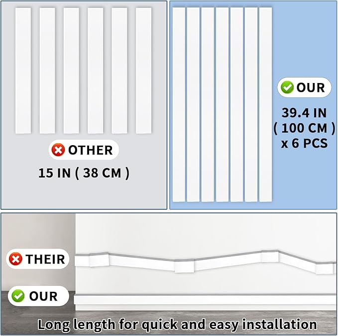 236in Cord Hider Kit, Cord Covers for Wires on Wall, Long, Large, Cord Hider for Wall Mount tv, Paintable Cable Raceway, tv Cable Hider Wall kit, Wire Covers for Cords,6X(L39.4in W0.95in H0.5in) White